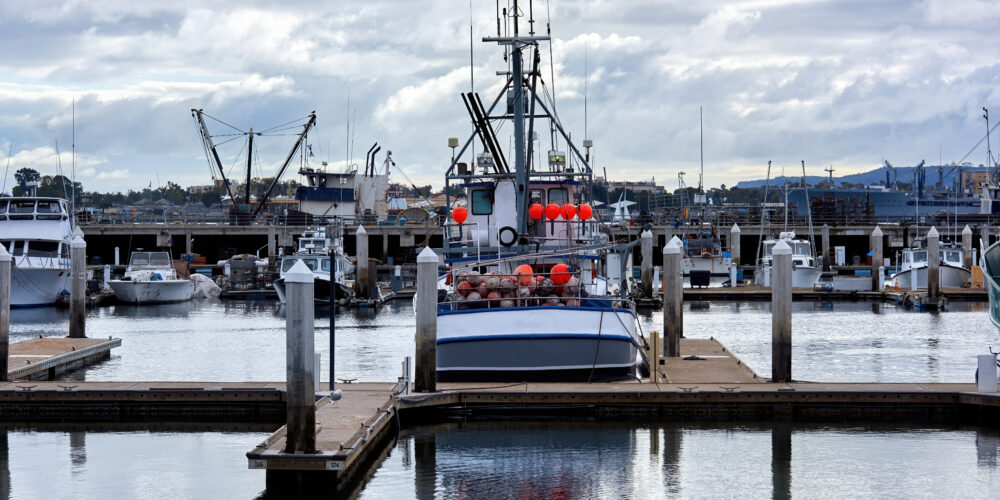 Seaport and moored boats in San Diego
